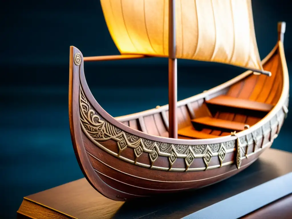 Detalle de modelo de barco vikingo con técnicas de mantenimiento en metal, en un ambiente oscuro y dramático