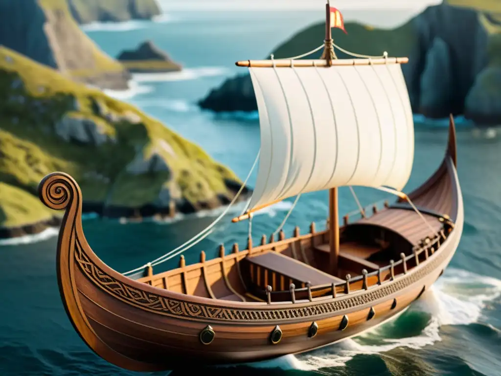 Detalle de modelo de barco vikingo artesanal con proa de dragón, vela adornada con símbolos nórdicos, en escenario costero ventoso y agitado