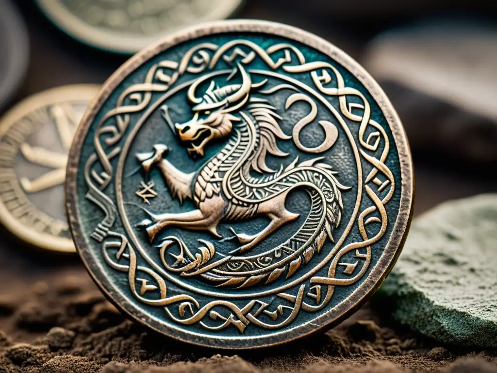 Detalle de moneda vikinga antigua con dragón y runas, cubierta de suciedad