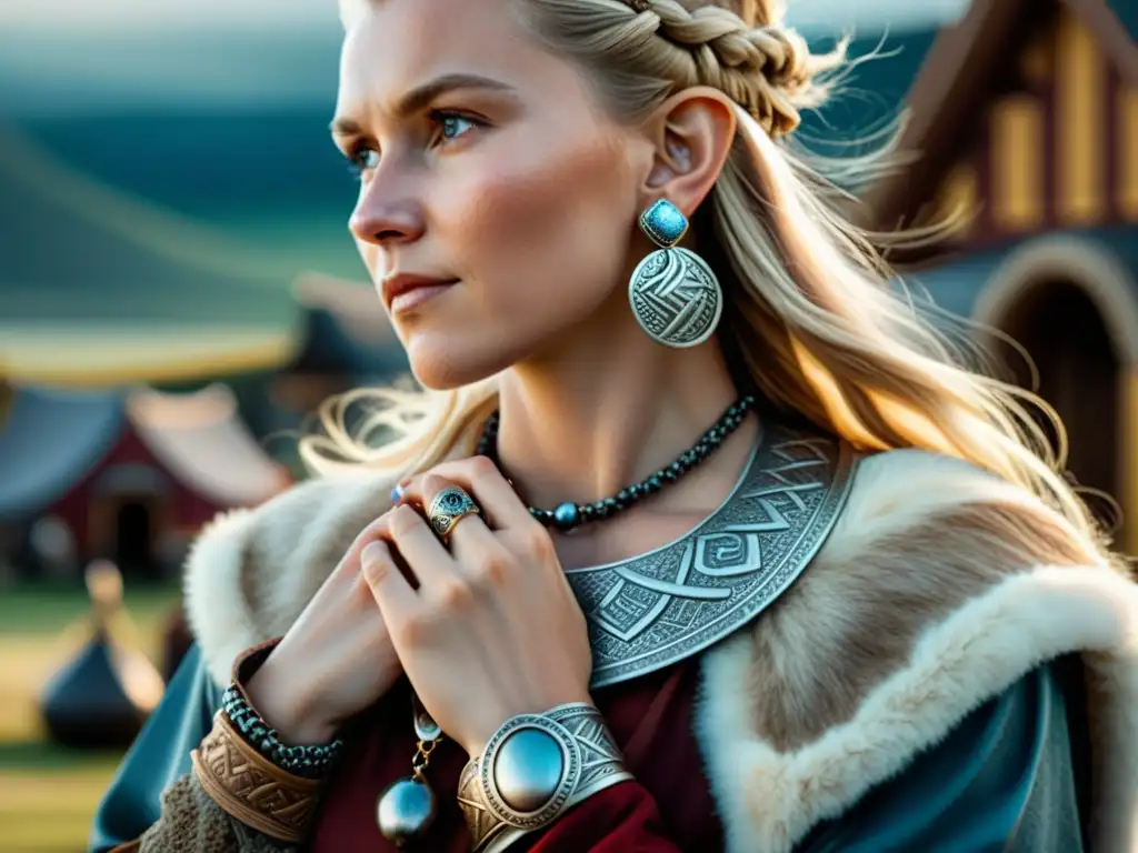 Detalle de una mujer vikinga con joyas elaboradas en un bullicioso pueblo vikingo