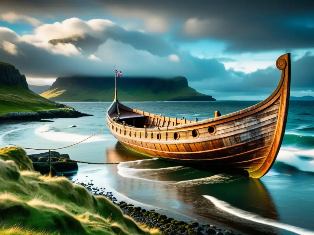 Detalle de la nave vikinga en Ardnamurchan, con grabados intrincados y madera envejecida, evocando misterio y la era vikinga