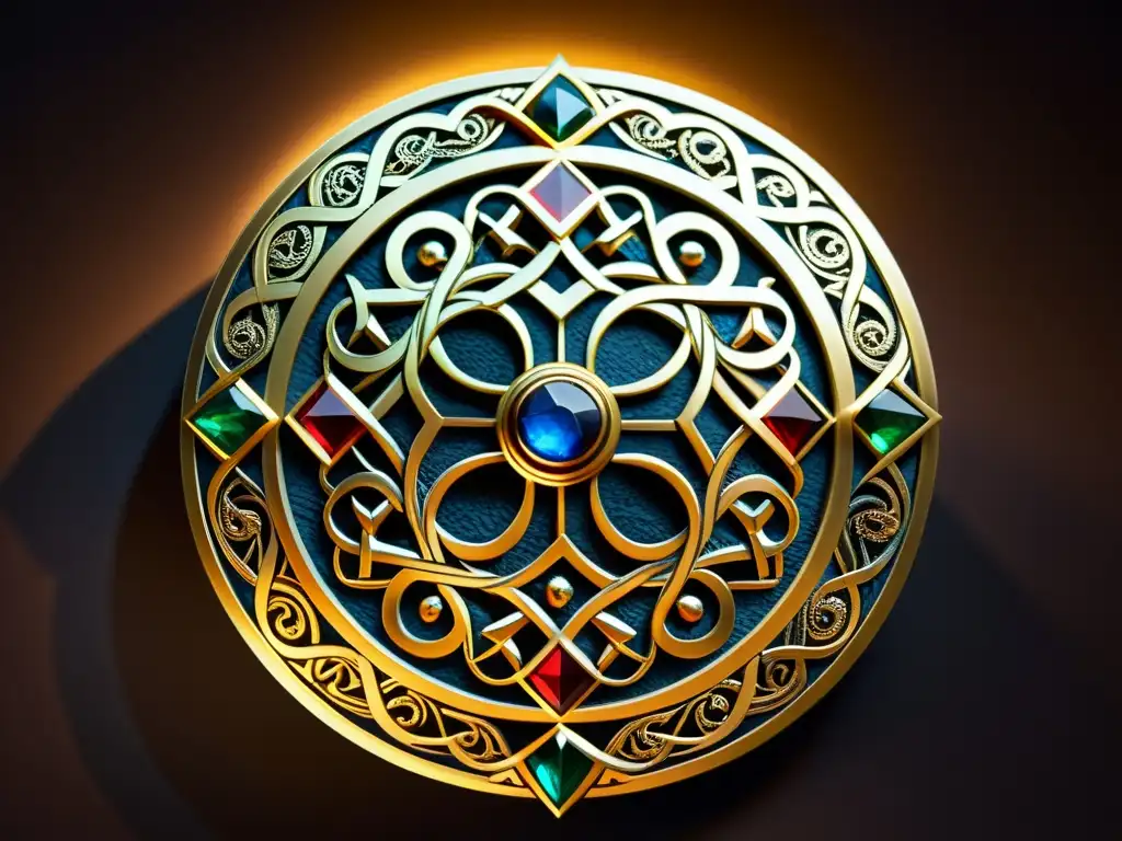 Ornamento vikingo: detalle real y opulento Detalle de un ornamento real vikingo con patrones intrincados y piedras preciosas en un ambiente tenue de museo