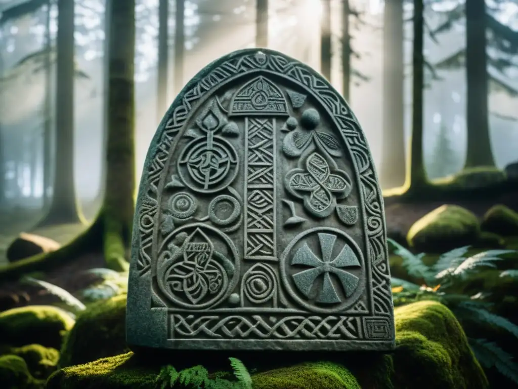 Detalle de una piedra rúnica vikinga en un bosque escandinavo, resaltando la mitología nórdica educación integral