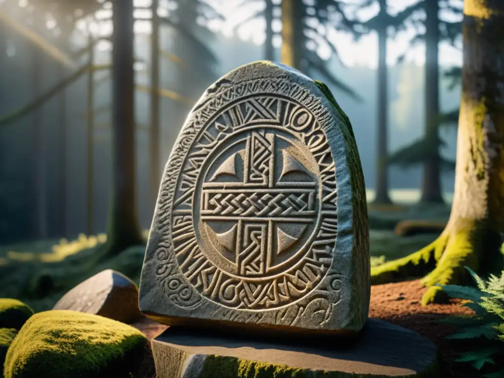 Detalle de una piedra rúnica vikinga en un bosque escandinavo neblinoso, con escritura vikinga como codificación