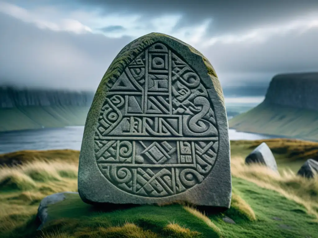 Detalle de una roca rúnica vikinga con inscripciones en un paisaje nórdico misterioso, para interpretar mensajes pasado vikingo