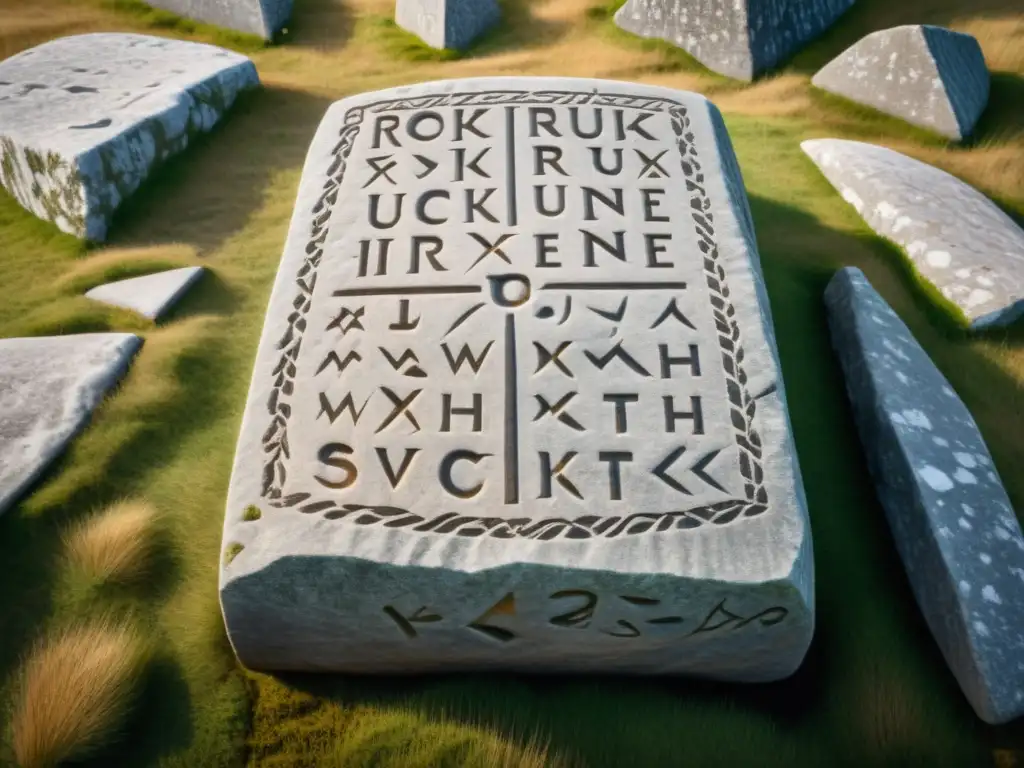 Detalle de un Runestone vikingo misterioso en Suecia, con inscripciones y tallados intrincados