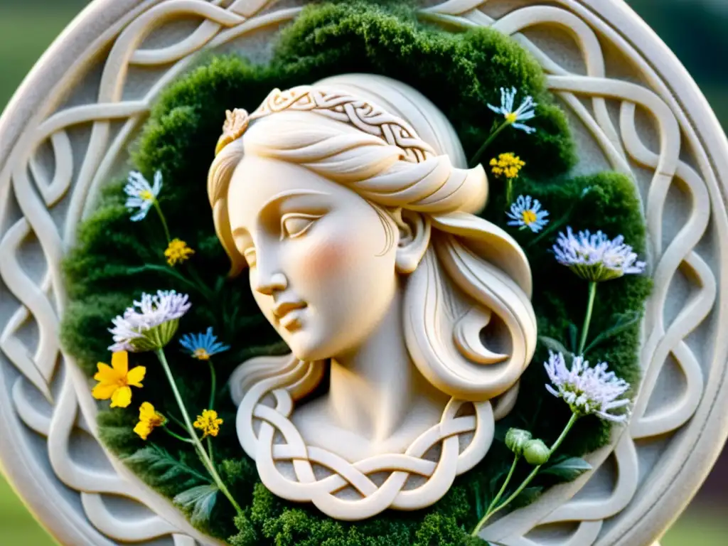 Detalle de una talla de piedra representando a Frigg, diosa nórdica del amor, con trenzas y corona de flores