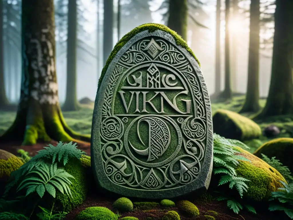 Detalle tallado en piedra rúnica vikinga, con motivos de la mitología nórdica y musgo, en un bosque místico