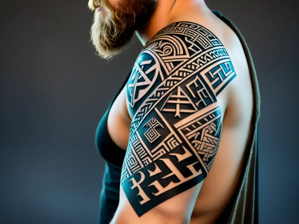 Detalle de tatuaje vikingo con símbolos como Mjölnir, Valknut y Yggdrasil, representando la herencia y misticismo vikingo