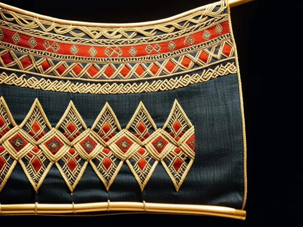 Detalle de un textil vikingo milenario con intrincados patrones y colores vibrantes, destacando la conservación de textiles vikingos milenarios