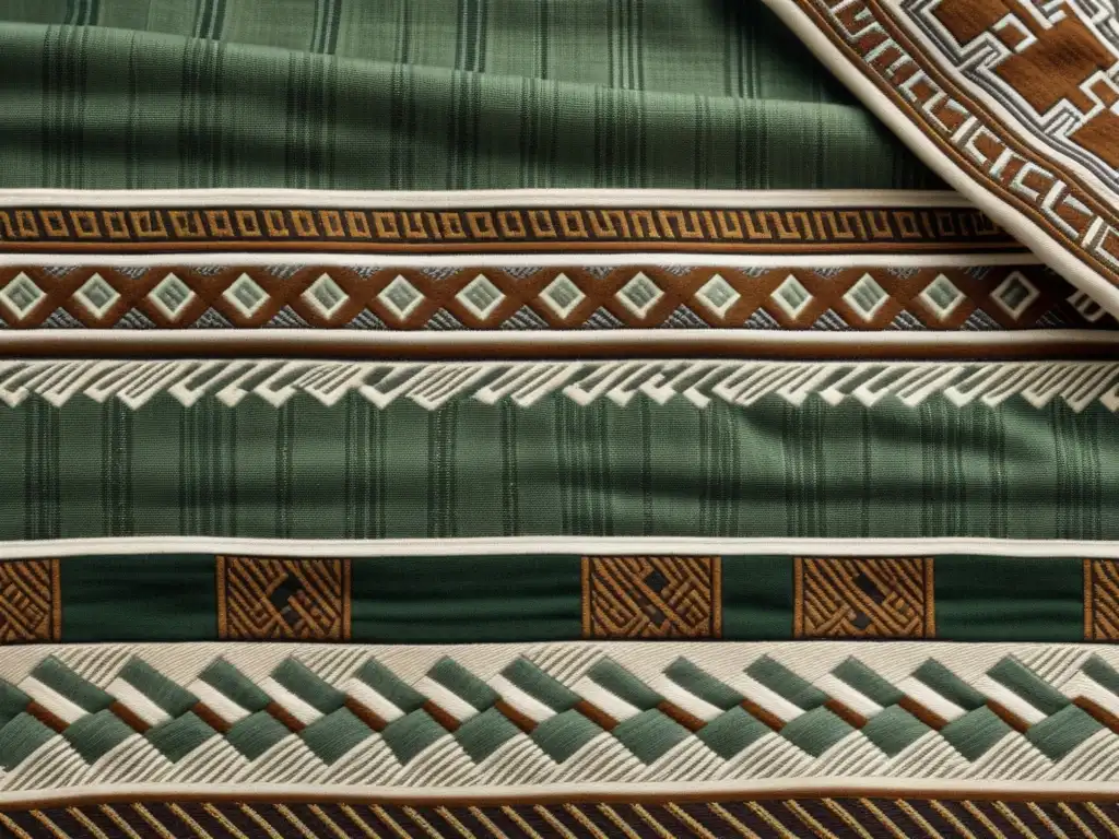 Detalle de un textil vikingo tejido con patrones geométricos en tonos tierra