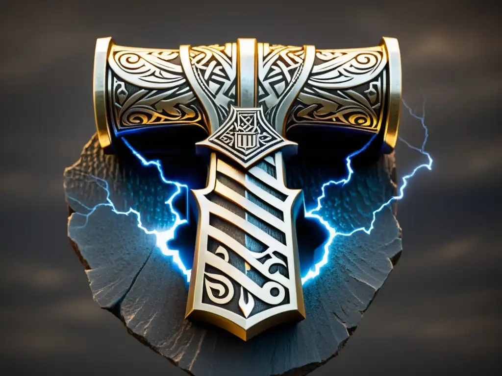 Detalle único de armas divinas: Mjölnir de Thor y rayo de Zeus, fusionando mitología nórdica y griega