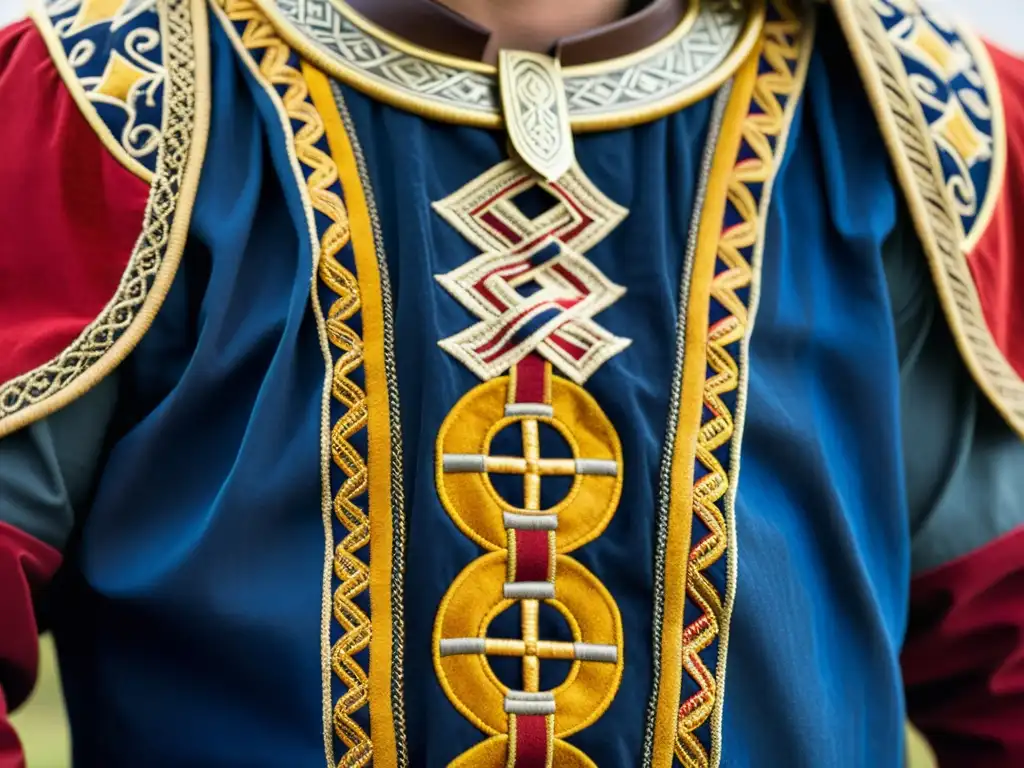 Detalle de la vestimenta vikinga con significado de colores: rojo intenso, azul vibrante y amarillo dorado