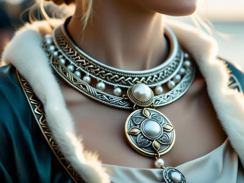 Detalle de joyería vikinga con perlas, reflejando la artesanía y significado cultural de las perlas en el mundo vikingo