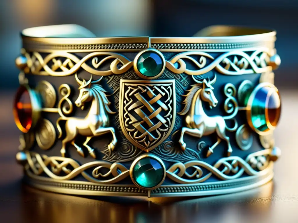 Armband vikingo de plata y oro con gemas preciosas Detalles de un adorno vikingo de la realeza: intrincadas bestias y nudos en plata y oro con gemas brillantes