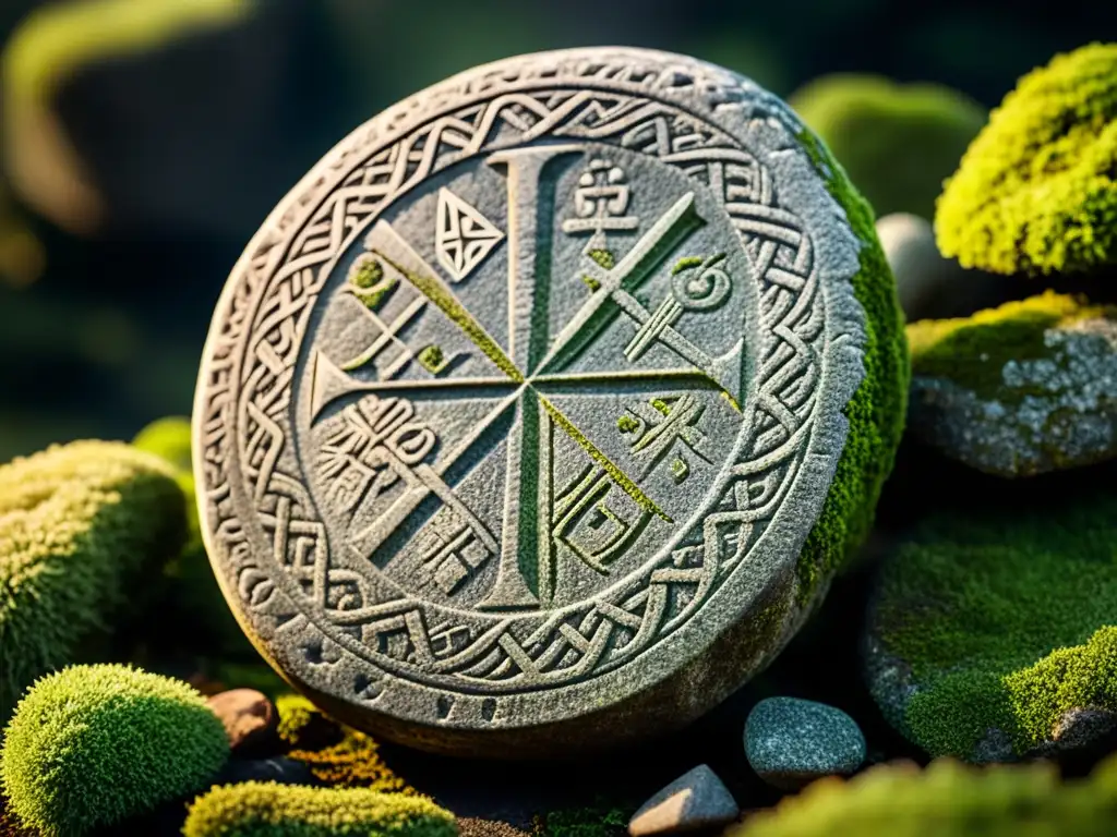 Detalles de una antigua piedra rúnica vikinga con musgo y líquenes, resaltando su misterioso significado