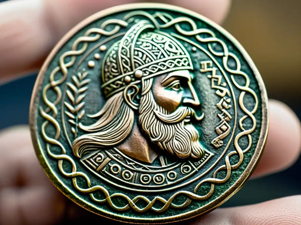 Detalles intrincados de una auténtica moneda vikinga, revelando su valor histórico y autenticidad