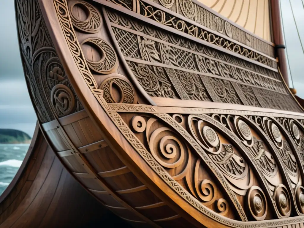 Detalles intrincados y diseño ornamental en la proa de un barco vikingo, fusionando estética práctica en barcos vikingos