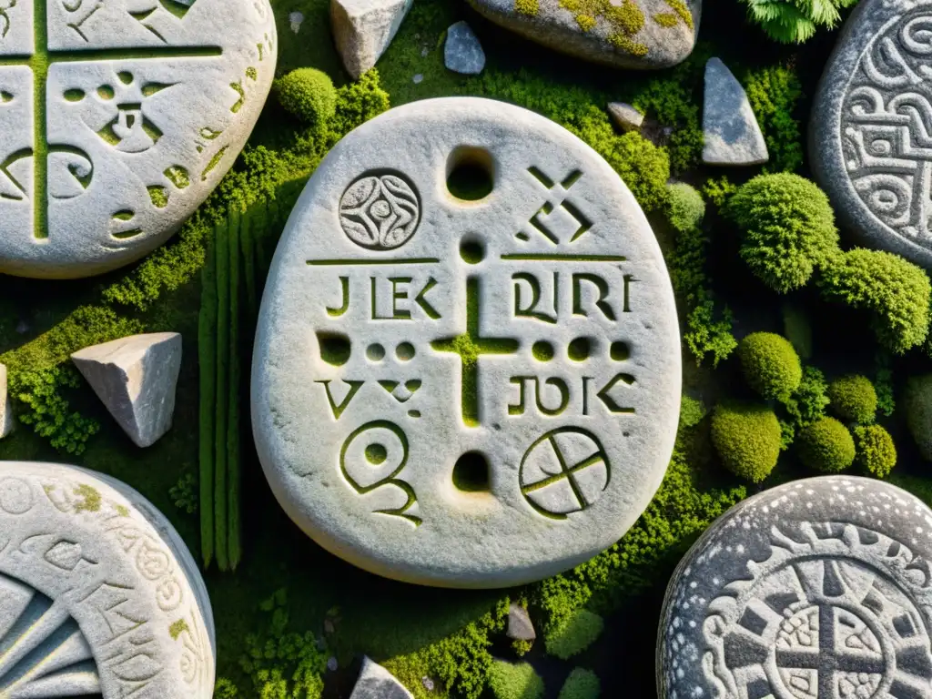 Detalles intrincados de las piedras rúnicas de Jelling, con paisaje antiguo y misterioso