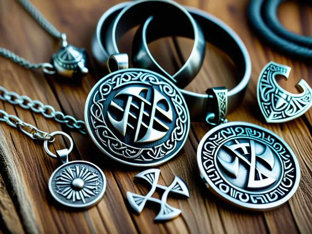 Detalles de joyas vikingas: collares, pulseras y anillos con símbolos tradicionales en fondo de madera