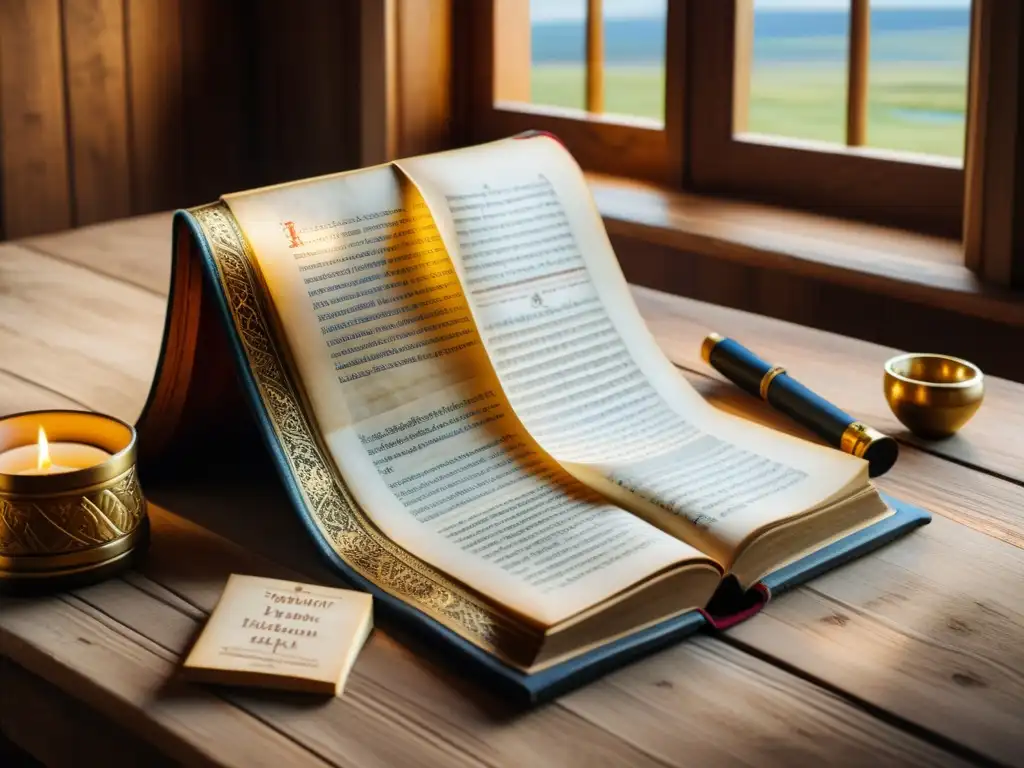 Manuscrito medieval islandés: escenas sagas iluminadas Detalles de un manuscrito medieval islandés en una mesa de madera, iluminado por luz suave