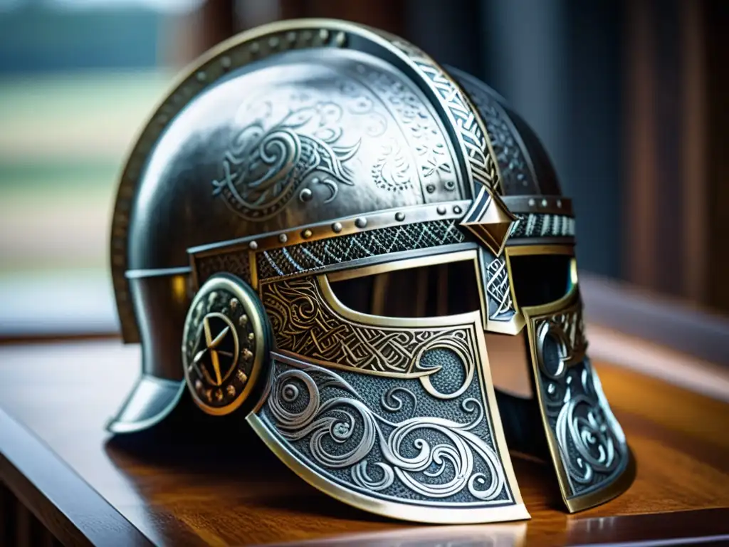 Detalles en metal de un casco vikingo con grabados y patrones simbólicos