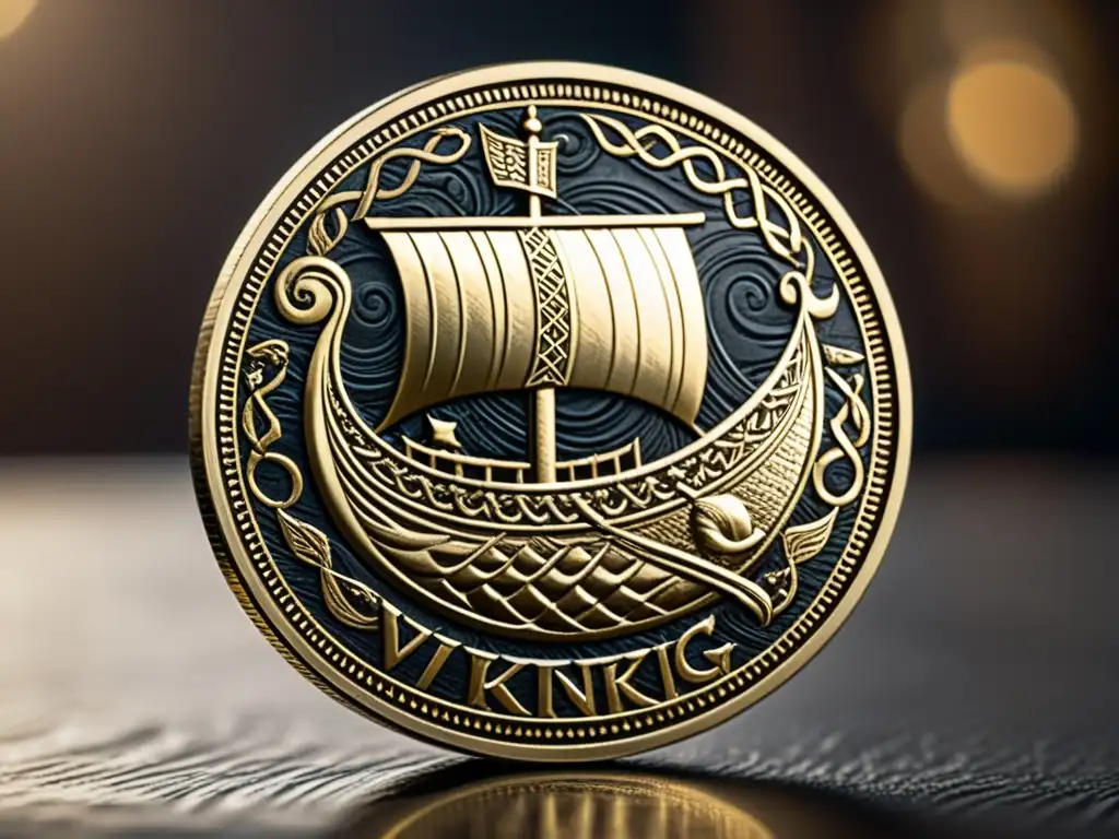 Detalles de una moneda moderna con diseño de barco vikingo, resaltando las raíces nórdicas en la numismática actual