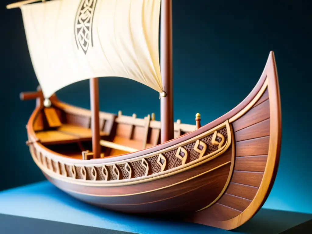 Detalles ocultos en el modelado de un barco vikingo en miniatura, con tallados en madera, velas delicadas y escudos pintados a mano