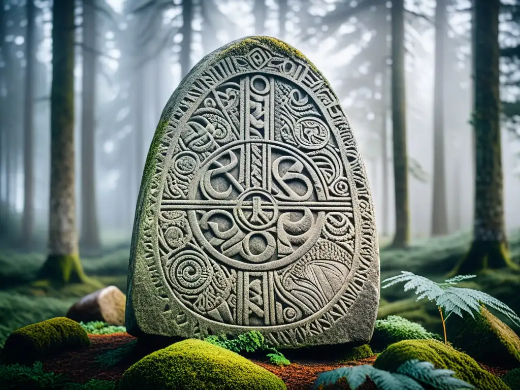 Detalles de simbología y escritura vikinga en una runa de piedra en un bosque escandinavo neblinoso