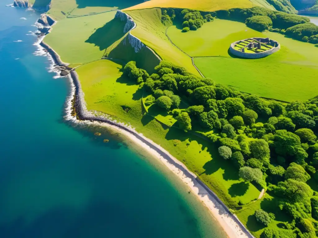 Detección remota en la era vikinga: Imagen aérea de paisaje verde con ruinas vikingas y un barco en la costa, revelando historia ancestral