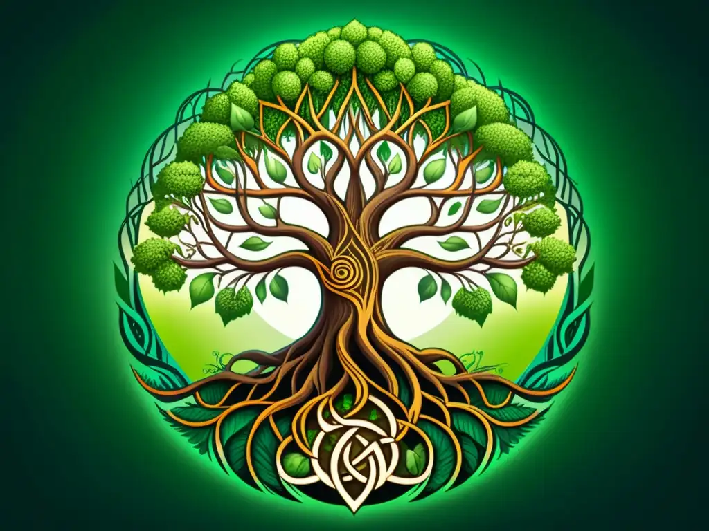 Ilustración digital detallada de Yggdrasil en la cosmovisión contemporánea, con raíces profundas y ramas vibrantes en la tierra y el cielo