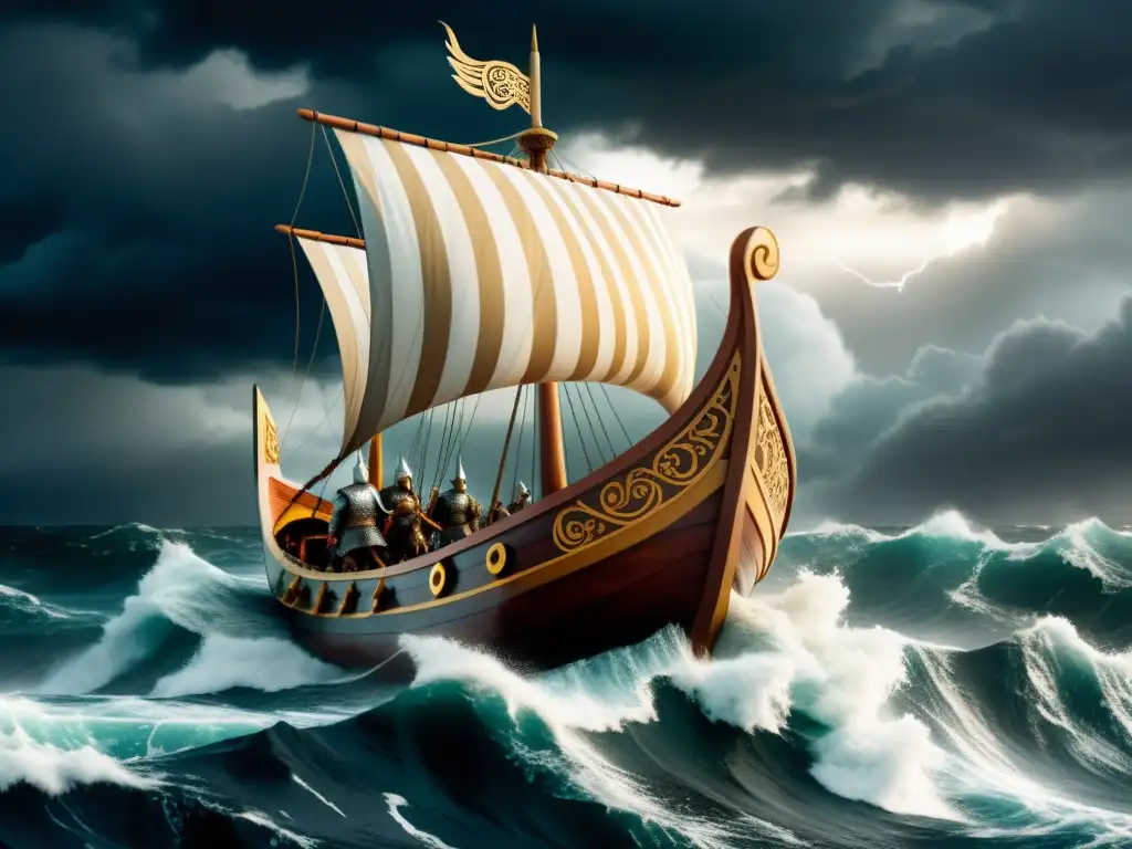 Épica ilustración digital de un imponente drakkar vikingo en plena tormenta marina