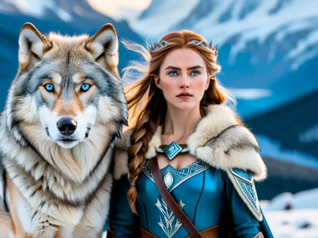 Skadi, diosa de la caza y el invierno, majestuosa entre montañas nevadas con su lobo y arco