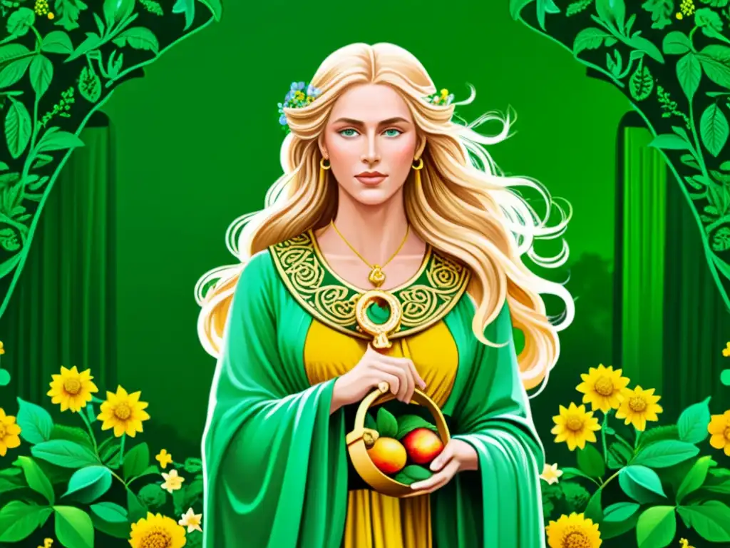 La diosa nórdica Fulla en un exuberante jardín con frutas y flores vibrantes, evocando el legado de Fulla en la mitología vikinga