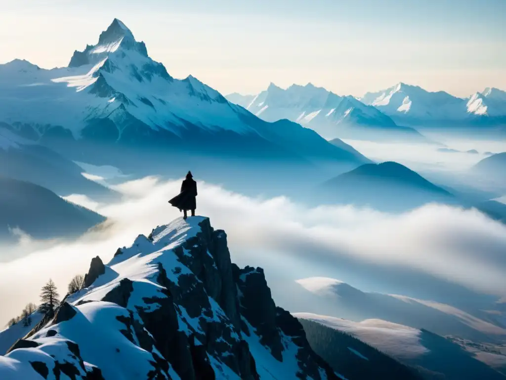 Skadi, diosa del invierno, contempla majestuoso paisaje nevado desde lo alto