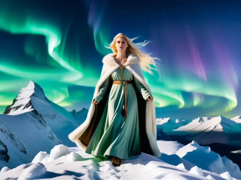 La diosa Skadi, caza invierno, poderosa y elegante en la cima nevada, con auroras boreales y paisaje invernal