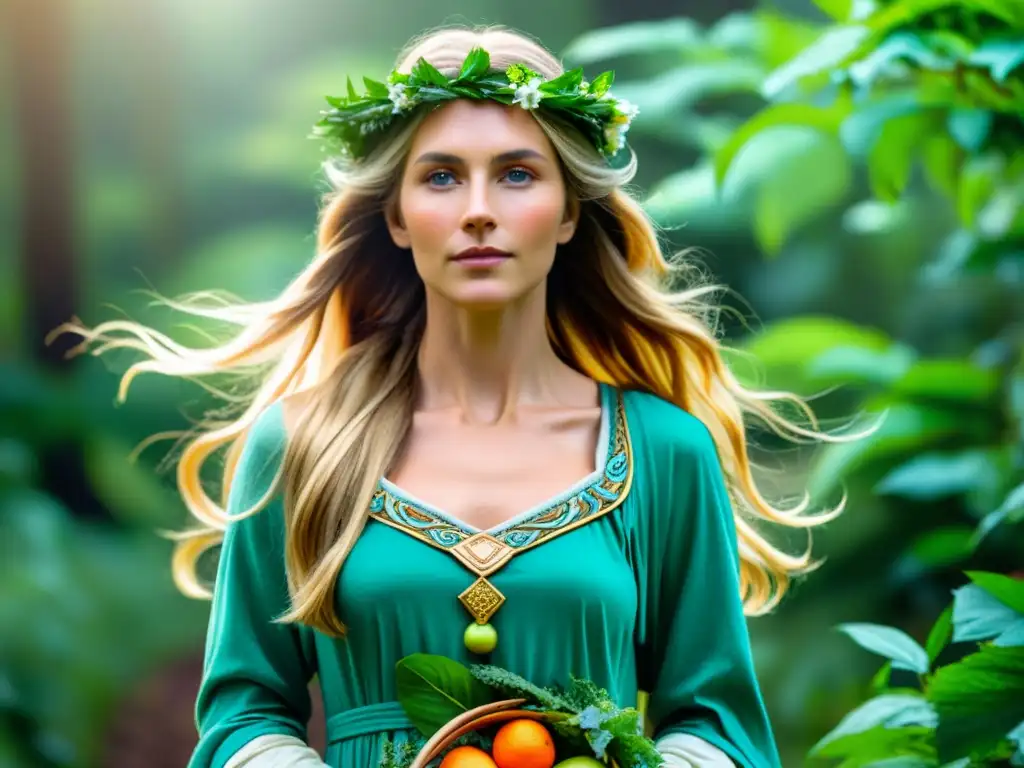 Diosa Nerthus en la Era Vikinga, deidad de la Tierra y la Fertilidad, rodeada de naturaleza exuberante y vida abundante