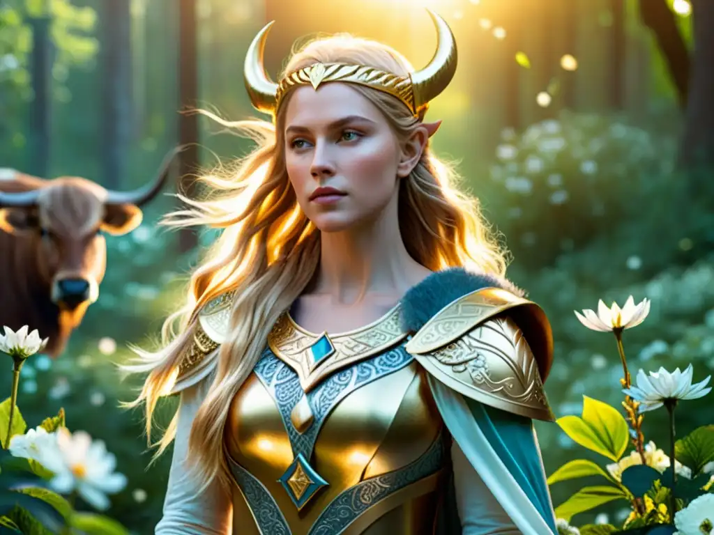 Diosa vikinga Freya en cultura contemporánea: Freya, radiante en un bosque encantado, rodeada de flores y animales majestuosos