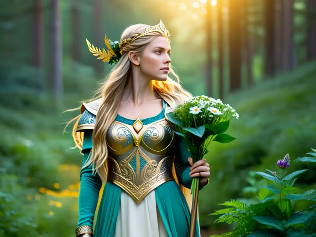 Diosa vikinga Freya en cultura contemporánea, majestuosa en el bosque nórdico con armadura y flores silvestres