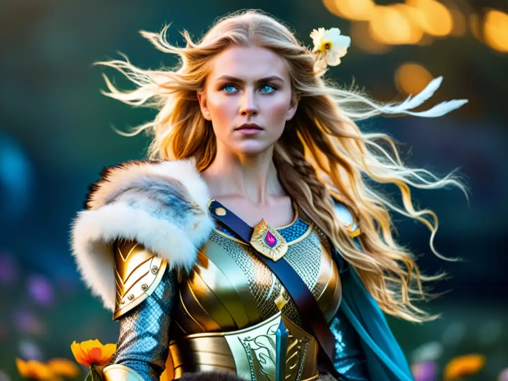 Diosa vikinga Freyja en armadura de plumas de halcón, con espada brillante y ramo de flores, en paisaje místico de auroras boreales