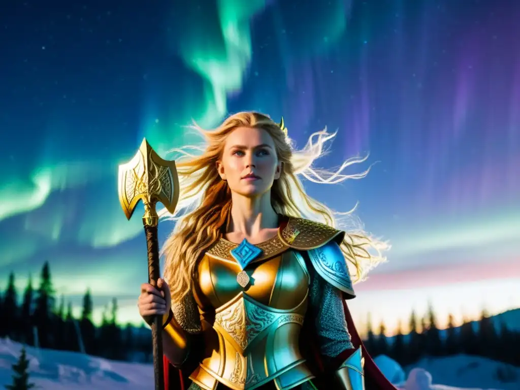 Diosa vikinga Freyja mitología: majestuosa en el bosque nórdico, bajo la aurora boreal, armada y floral