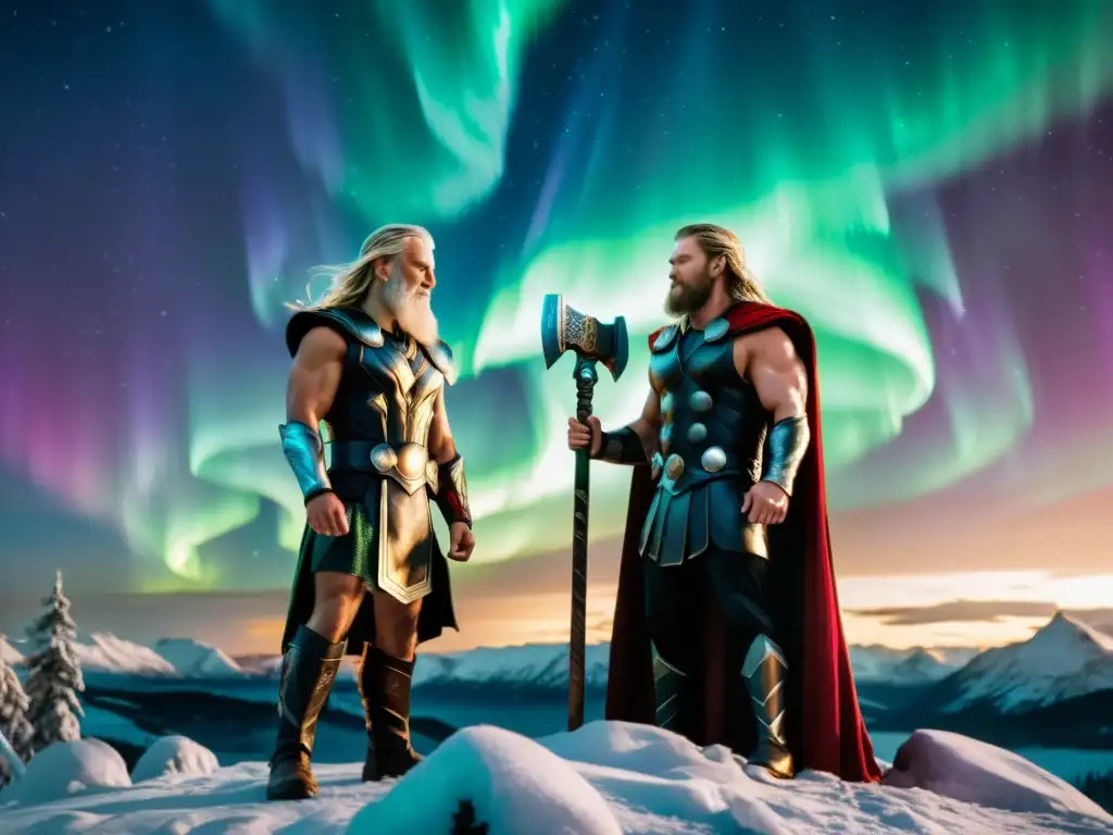 Dos dioses nórdicos, Odin y Thor, en un bosque místico bajo la aurora boreal