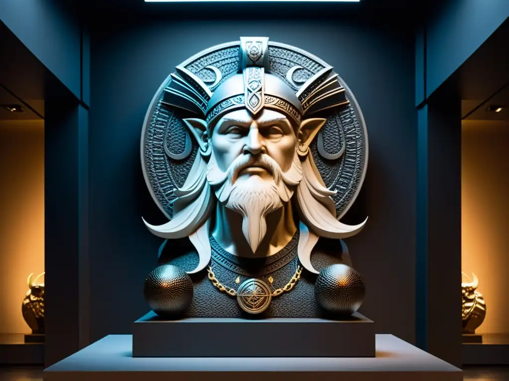 Dioses nórdicos en el arte contemporáneo: esculturas imponentes de Odin, Thor y Freyja en instalación artística moderna y mística