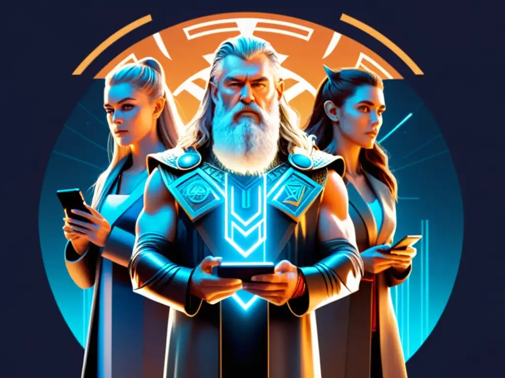 Dioses nórdicos en la era digital: Odin, Thor y Freyja con dispositivos tecnológicos en un mundo digital futurista