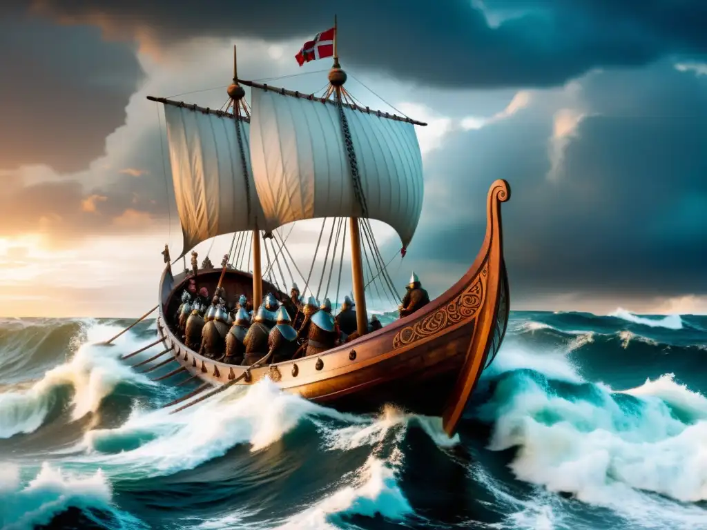 Directores triunfando con temática vikinga: Un barco vikingo navegando en mares turbulentos con guerreros y cielos dramáticos