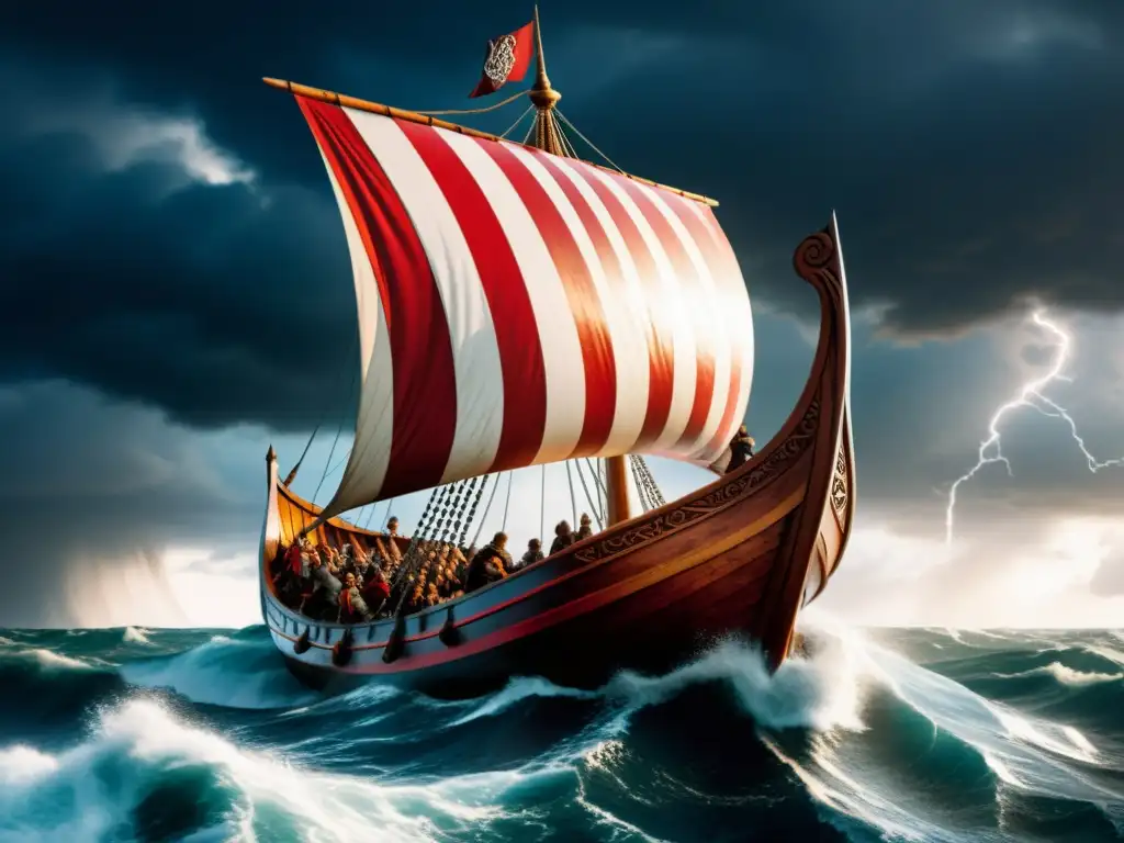 Directores triunfando con temática vikinga: Vikingos navegando en un barco en medio de una tormenta, con guerreros y velas rojas y blancas ondeando