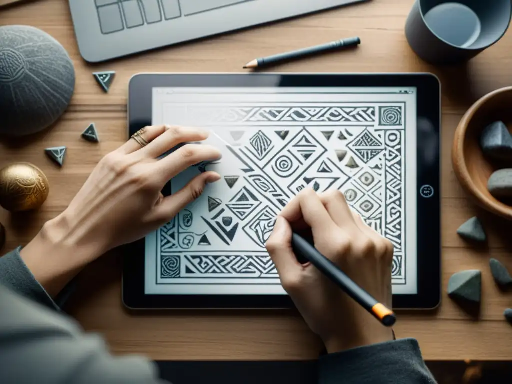 Un diseñador gráfico dibuja con detalle runas vikingas en una tableta digital, rodeado de artefactos nórdicos antiguos