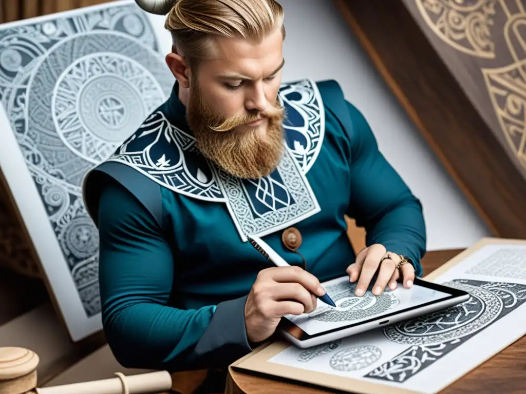 Un diseñador de moda fusionando arte vikingo en tendencias contemporáneas