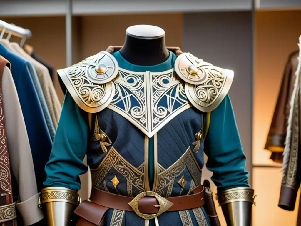 Arte Vikingo: Diseñador de Vestuario en Acción Un diseñador de vestimenta vikinga en el cine crea meticulosamente un traje de guerrero, rodeado de telas auténticas y detalles de metal