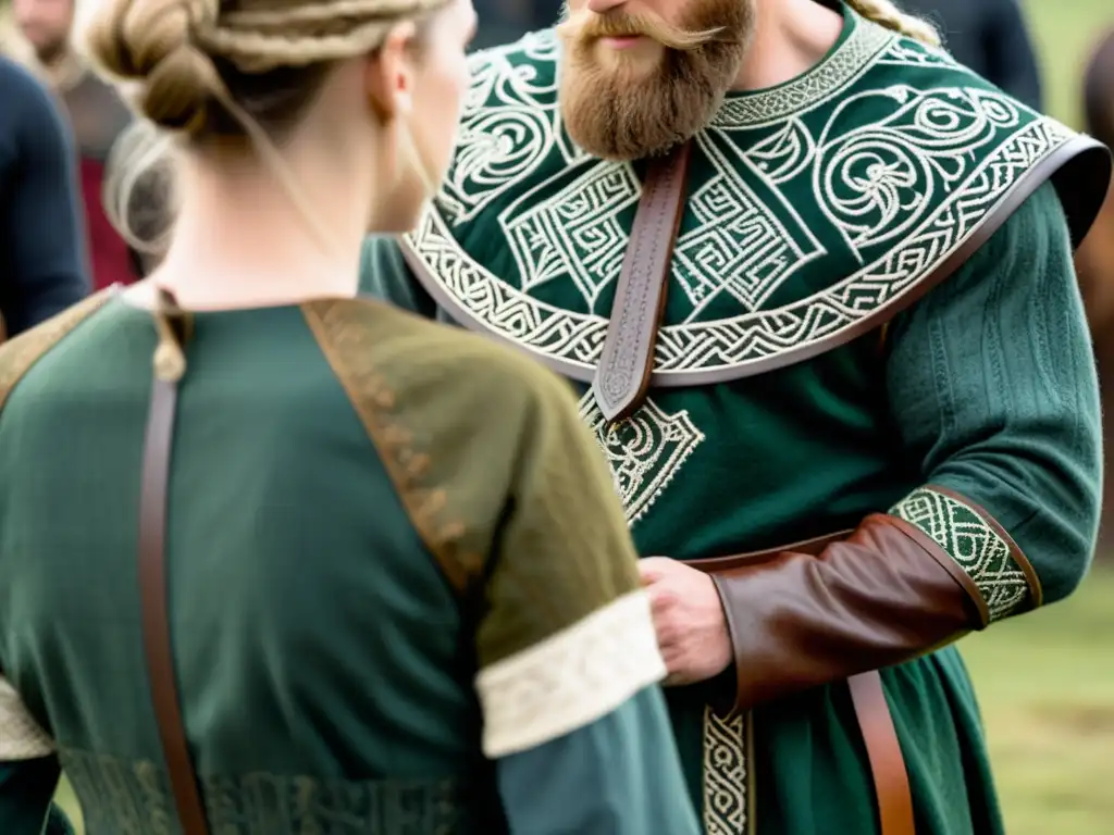 Un diseñador de vestuario meticuloso recrea fielmente una vestimenta vikinga para películas, concentrado en detallados bordados